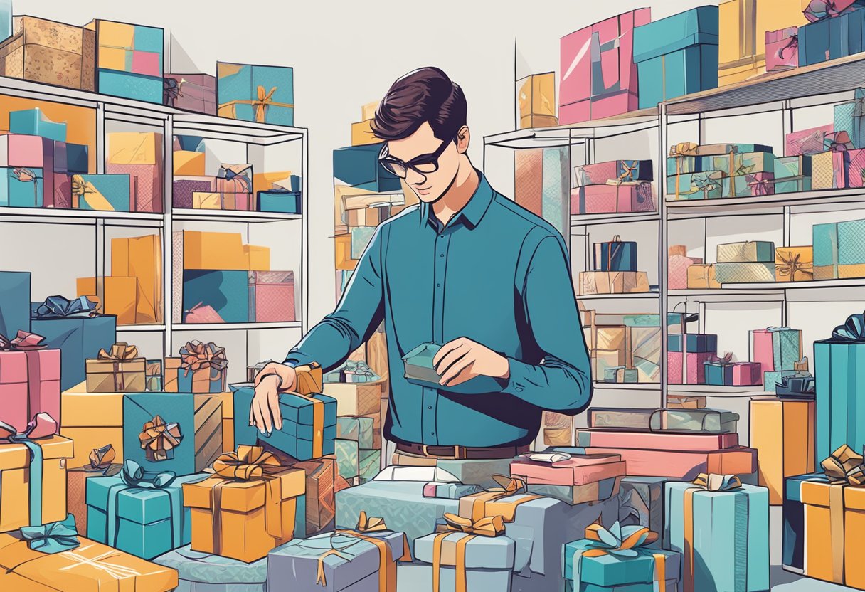 Corporate gift buyers browsing through a variety of trendy and challenging gift options, surrounded by innovative and unique products