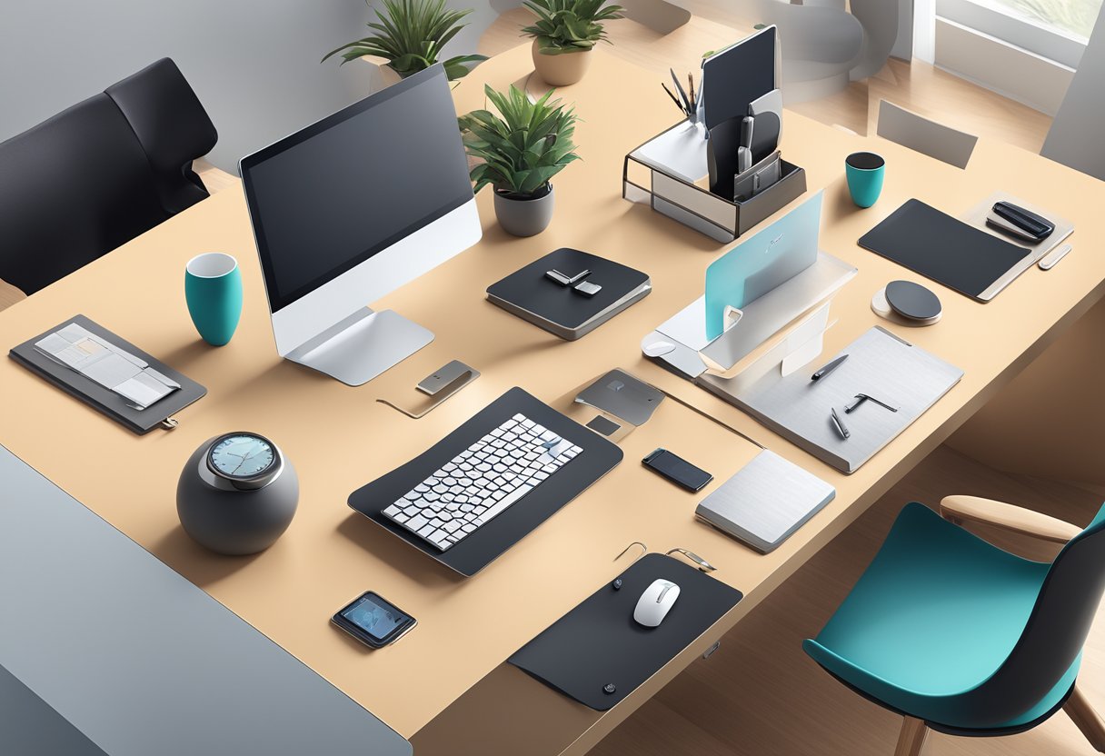 A sleek, modern office setting with a desk adorned with unique and stylish corporate gifts such as personalized tech gadgets, elegant desk accessories, and high-quality branded items