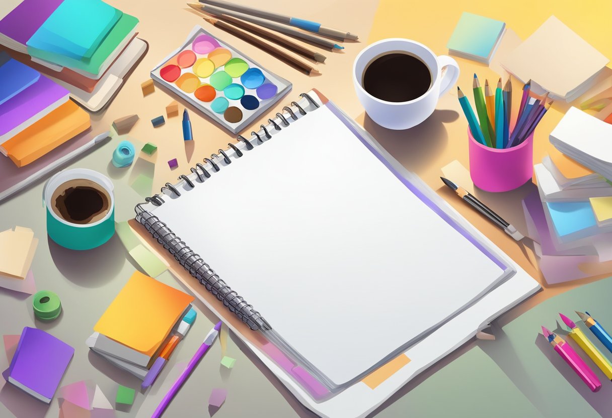 A table with colorful art supplies scattered around, a blank notebook open with space for a design, and a cup of coffee nearby
