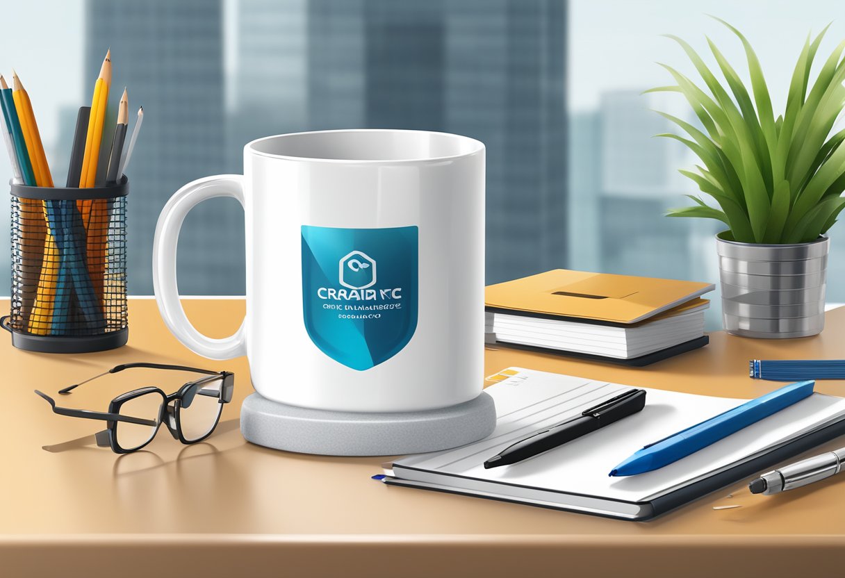 A sleek glass mug with a custom logo sits on a modern desk, surrounded by office supplies and a branded notebook