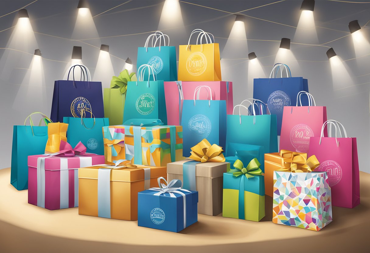 A table displays branded gift bags and boxes at a corporate event