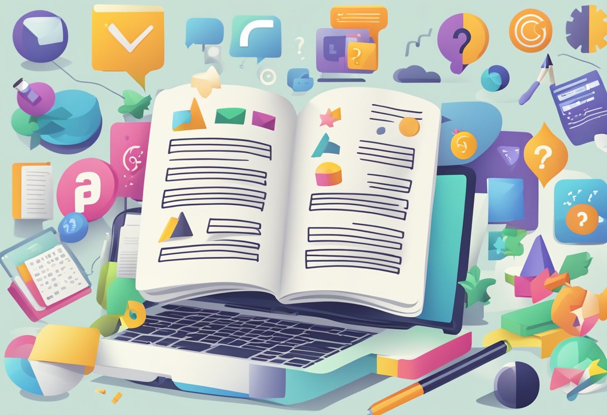 A notebook with "Frequently Asked Questions" in bold font surrounded by colorful icons and symbols