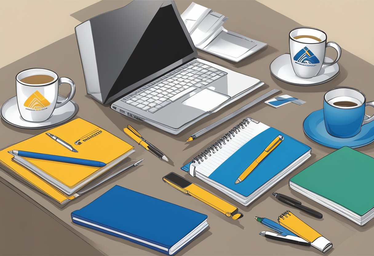 A table adorned with branded merchandise, including mugs, notebooks, and pens. A company logo is prominently displayed on each item