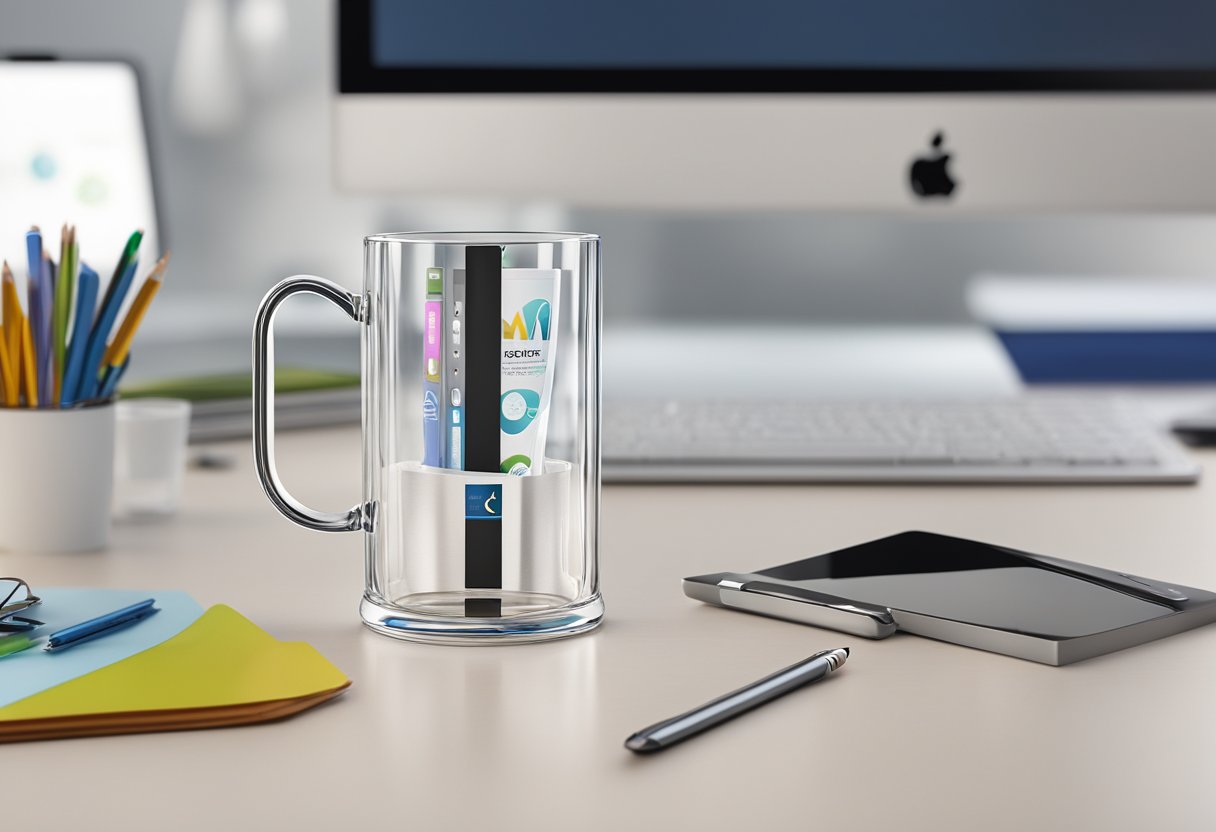 A customised glass mug with corporate branding sits on a sleek, modern desk, surrounded by office supplies and a computer. The mug is elegantly displayed, catching the light and showcasing the company's logo
