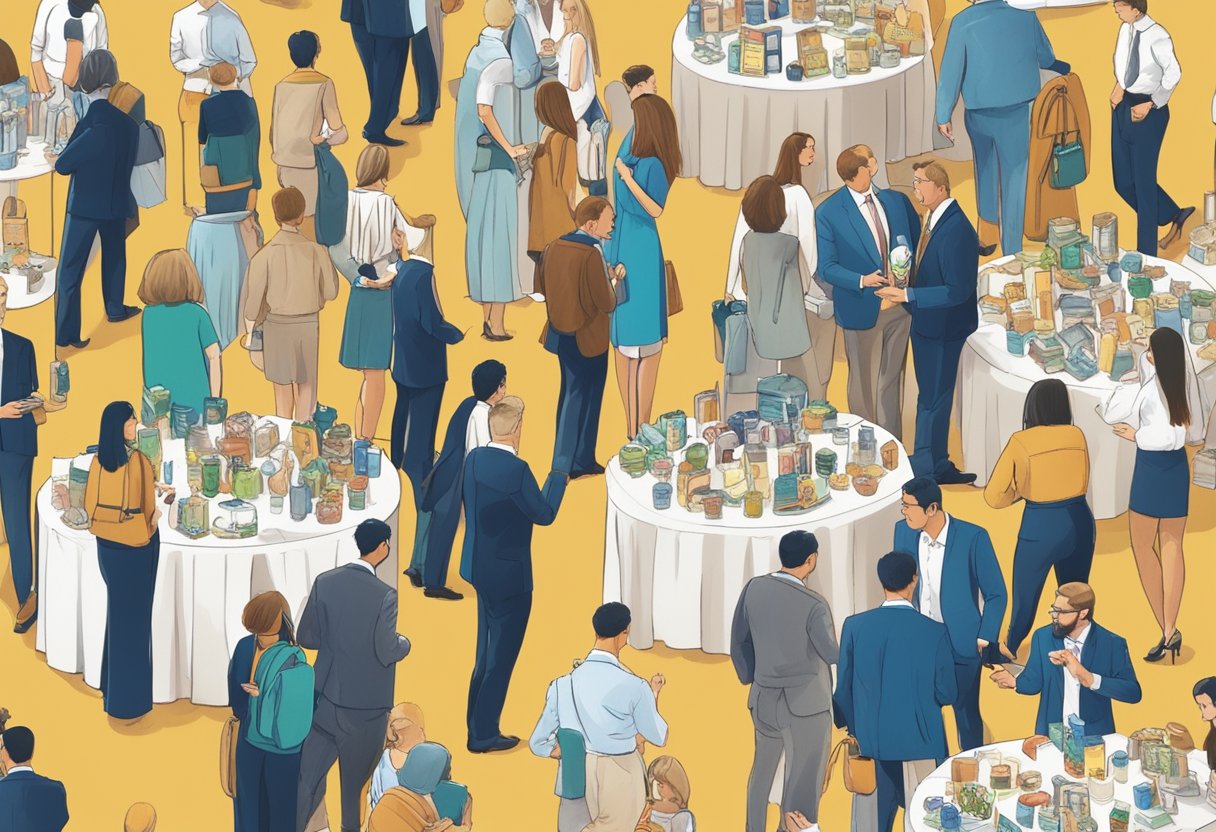 Guests choosing from a variety of door gifts at a corporate event. Tables filled with branded items and promotional products. Excitement and anticipation in the air