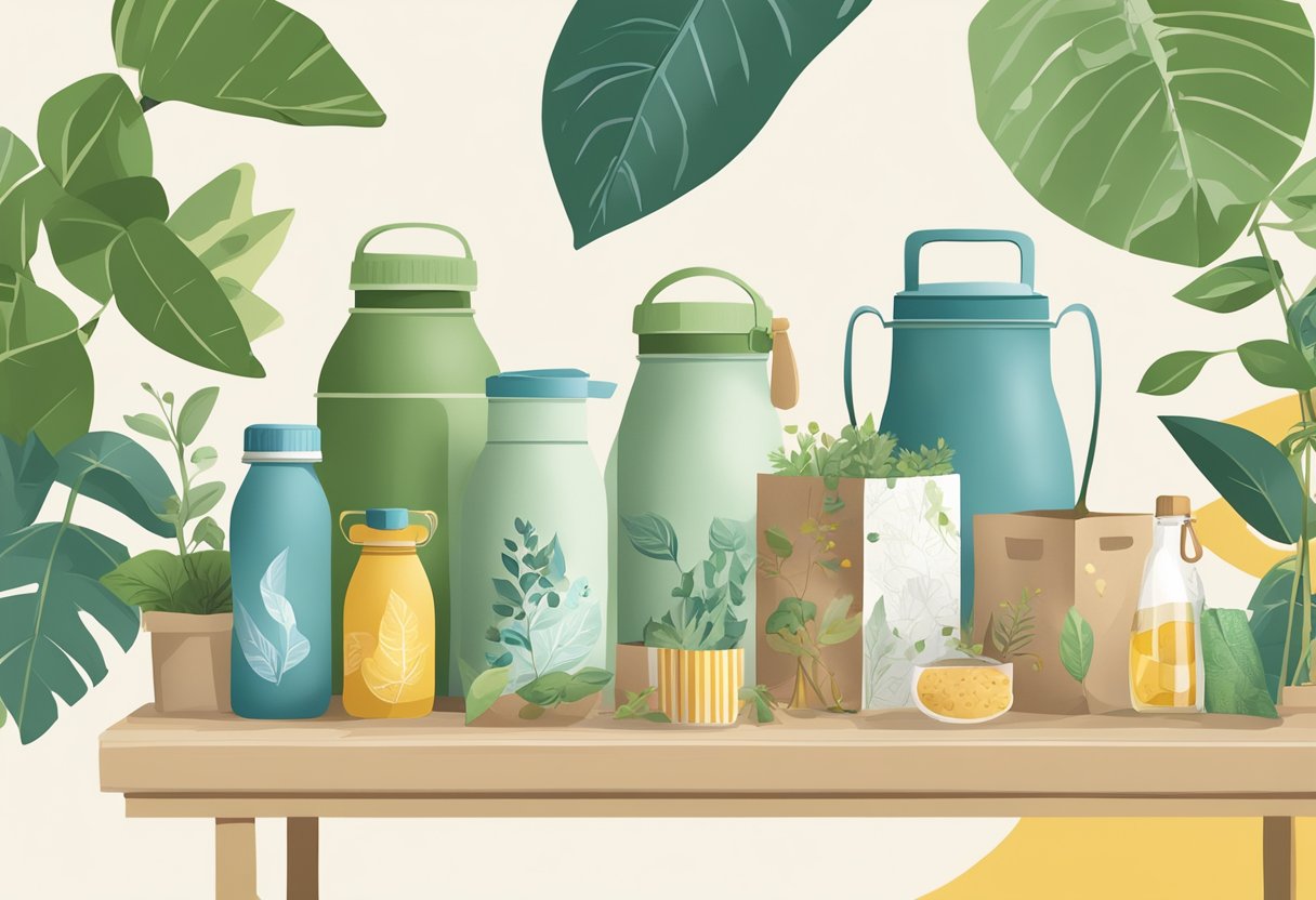 A table adorned with sustainable gifts: reusable water bottles, bamboo utensil sets, and plantable seed paper. A backdrop of eco-friendly packaging and a recycling bin