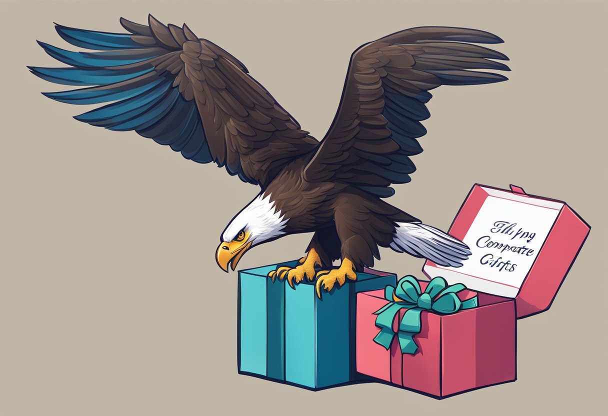 An eagle with outstretched wings, holding a gift box in its talons, with the words "Corporate Gifts" written on the box