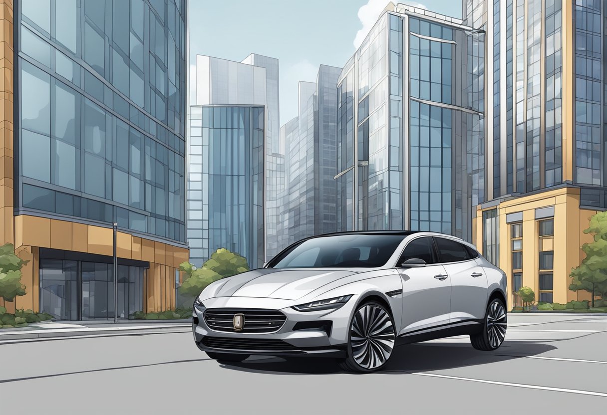 A sleek, modern car with a large bow on top, parked in front of a high-rise office building
