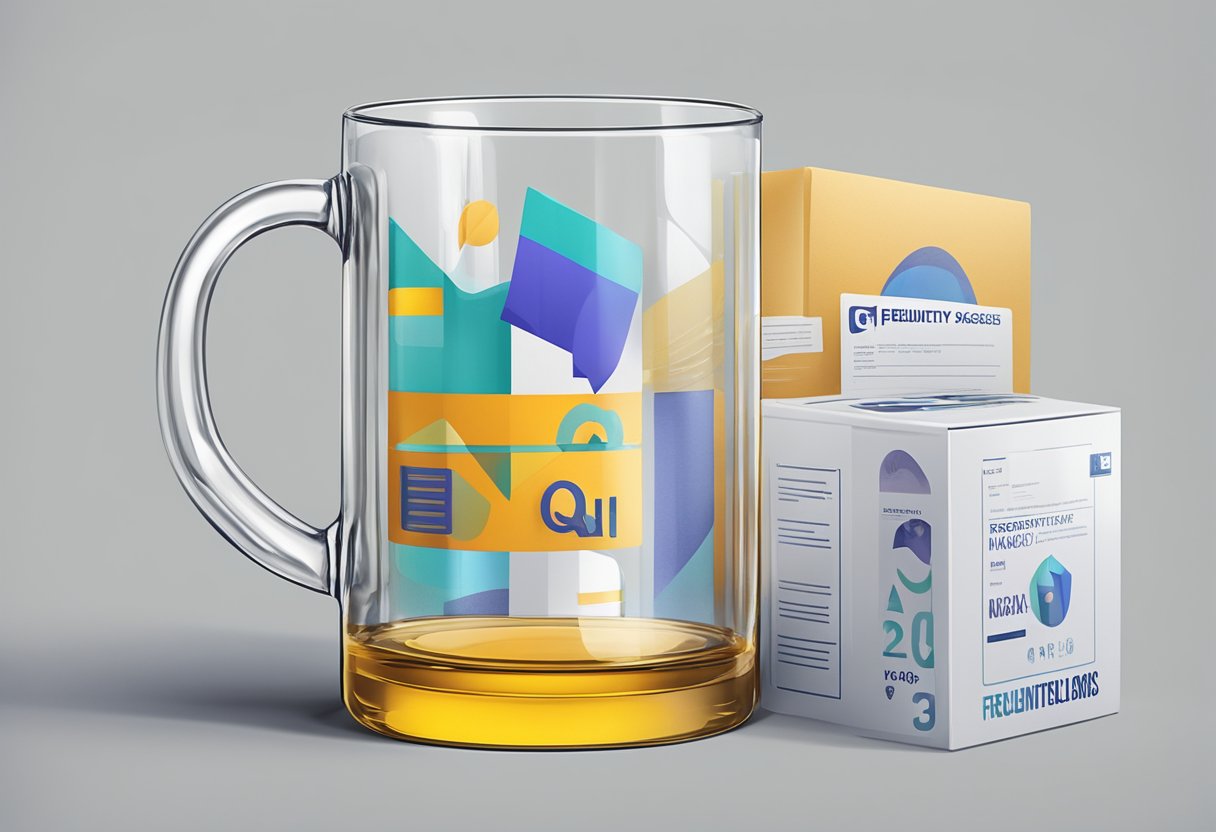 A glass mug with "Frequently Asked Questions" printed on it, surrounded by corporate branding and packaging