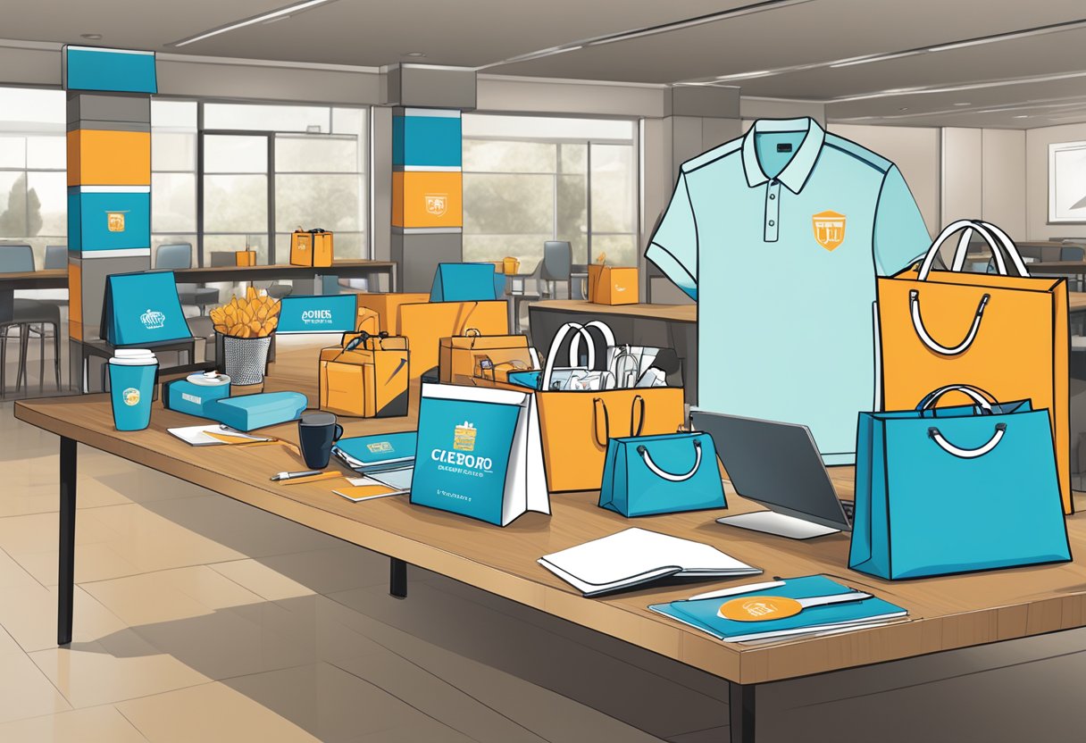 A table with branded merchandise, gift bags, and promotional items displayed for a corporate event