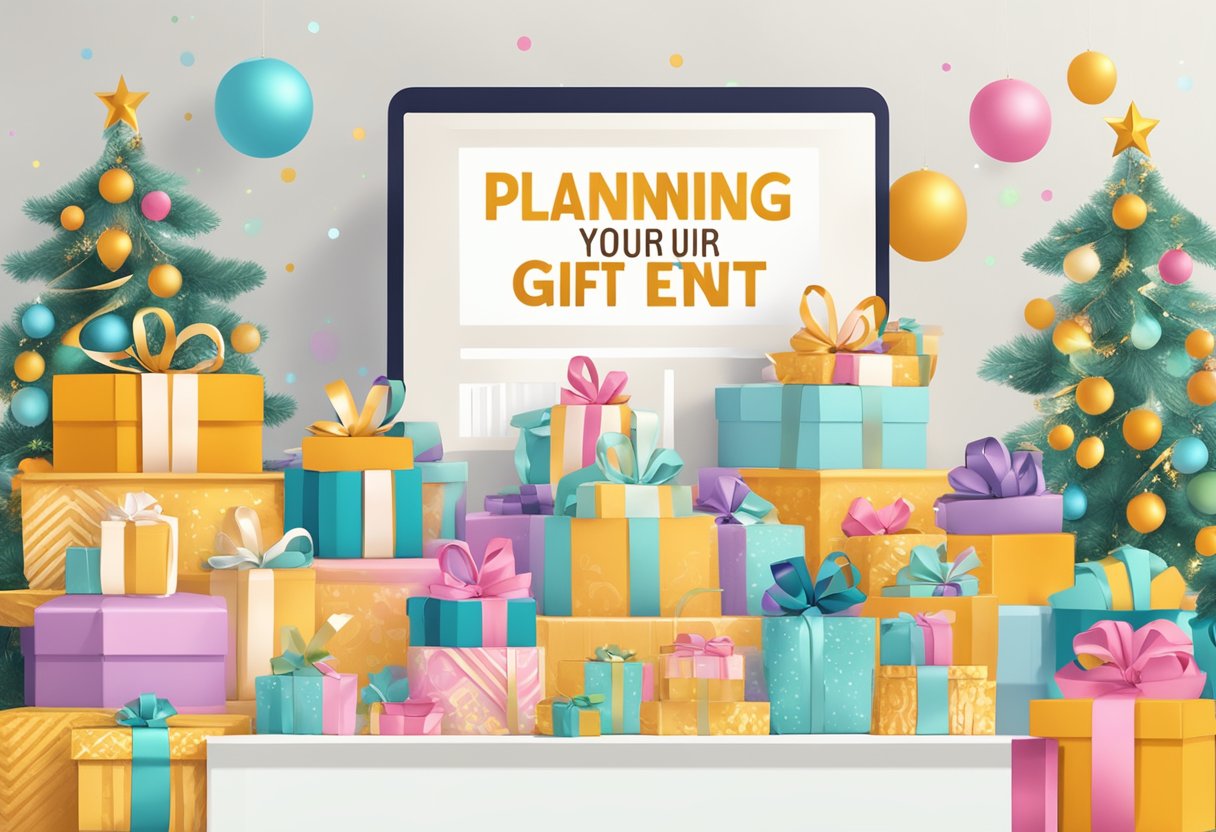 A table adorned with elegant gift baskets, surrounded by festive decorations and a banner reading "Planning Your Corporate Gift Event."