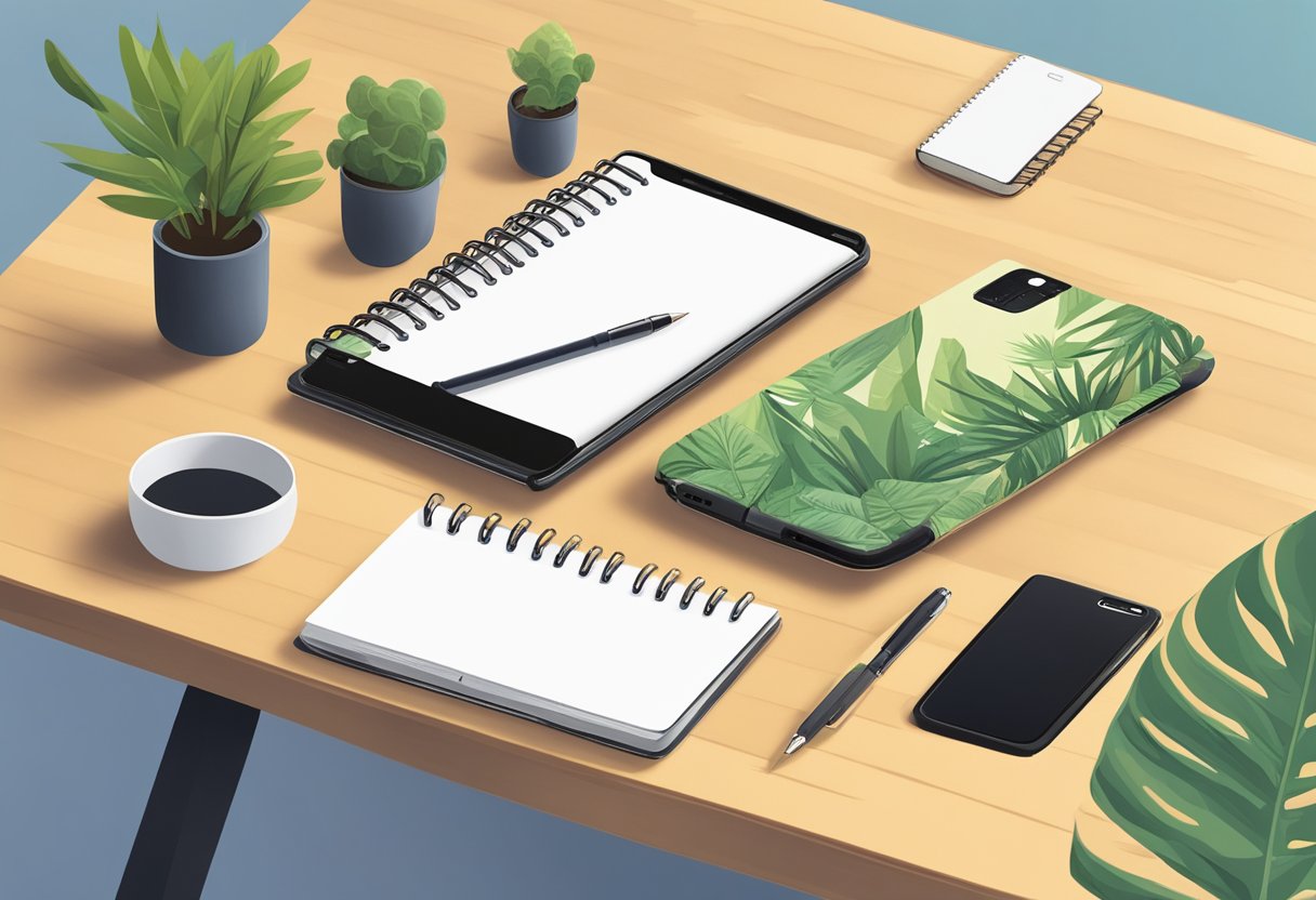 A hand reaches for a bamboo pen set, next to a recycled notebook and a plant-based phone case, all displayed on a sustainable wooden desk