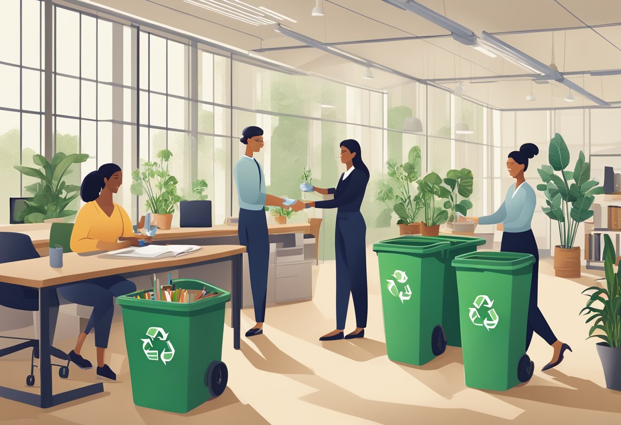 A group of office workers exchanging reusable water bottles, bamboo utensils, and recycled notebooks as corporate gifts. A recycling bin and potted plants add to the sustainable atmosphere