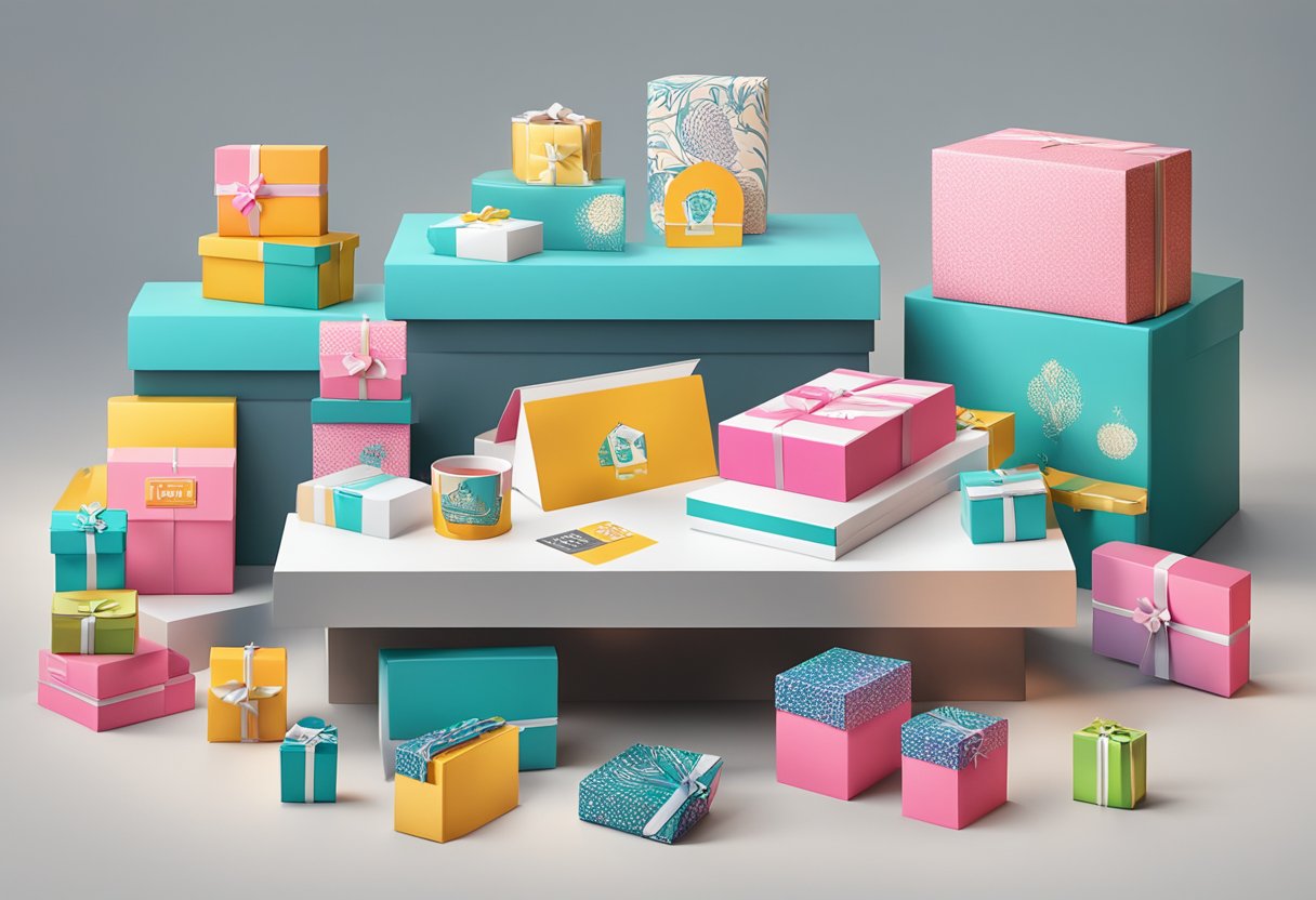 A table with branded gift boxes, a stack of gift cards, and a display of custom promotional items