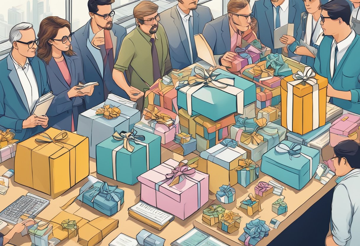 A table filled with unique corporate gifts, surrounded by curious onlookers