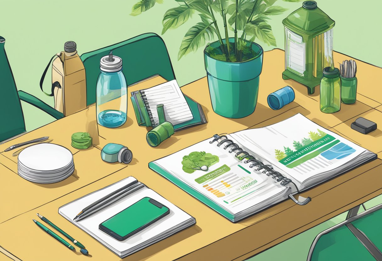 A table with various eco-friendly corporate gifts displayed, including reusable water bottles, bamboo utensils, and recycled notebooks. A banner above reads "Frequently Asked Questions environmentally friendly corporate gifts."