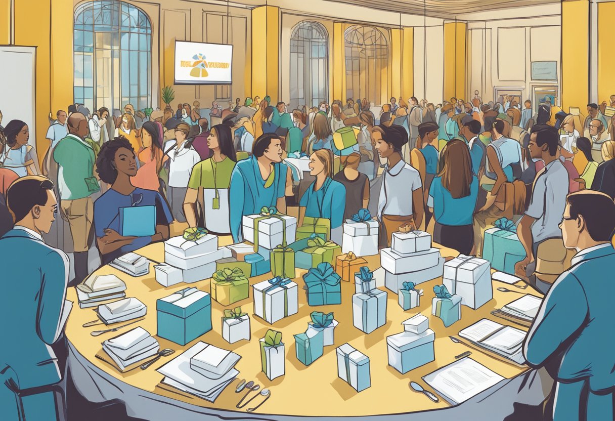 A table adorned with branded gifts, surrounded by eager attendees at a corporate event. A sign reads "Frequently Asked Questions" above the display