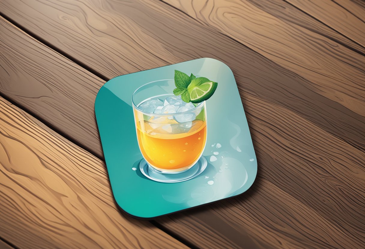 A customised coaster sits on a wooden table, with a vibrant design and smooth surface. A beverage glass rests on top, condensation forming around the edges