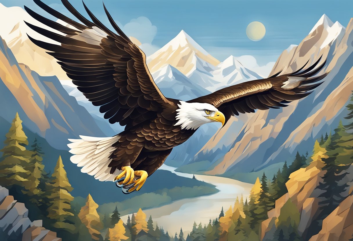 A majestic eagle soars above a mountainous landscape, its powerful wings outstretched as it carries a gift in its talons