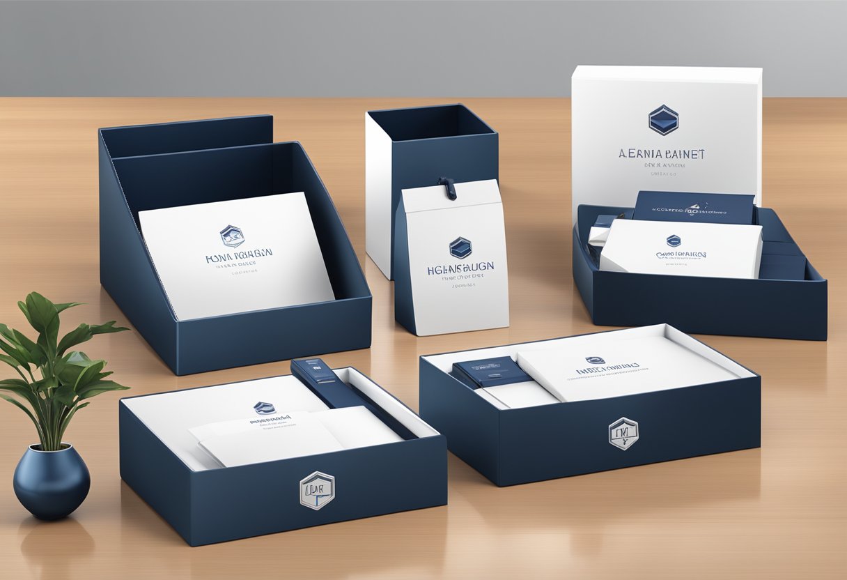 A sleek, modern office setting with a display of high-end corporate gifts on a polished table. The gifts are branded with company logos and presented in elegant packaging