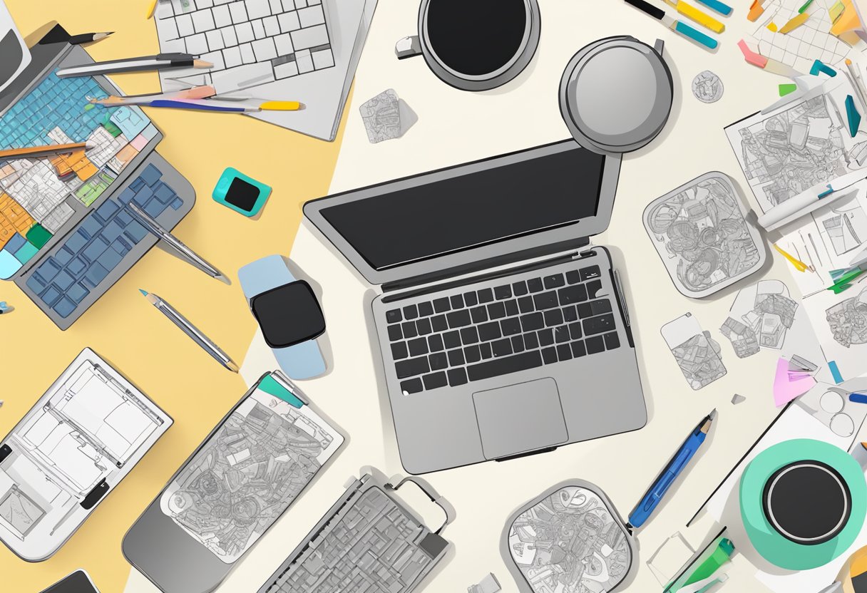 A table with various coaster designs scattered around, alongside pens, pencils, and a computer displaying customised coaster templates