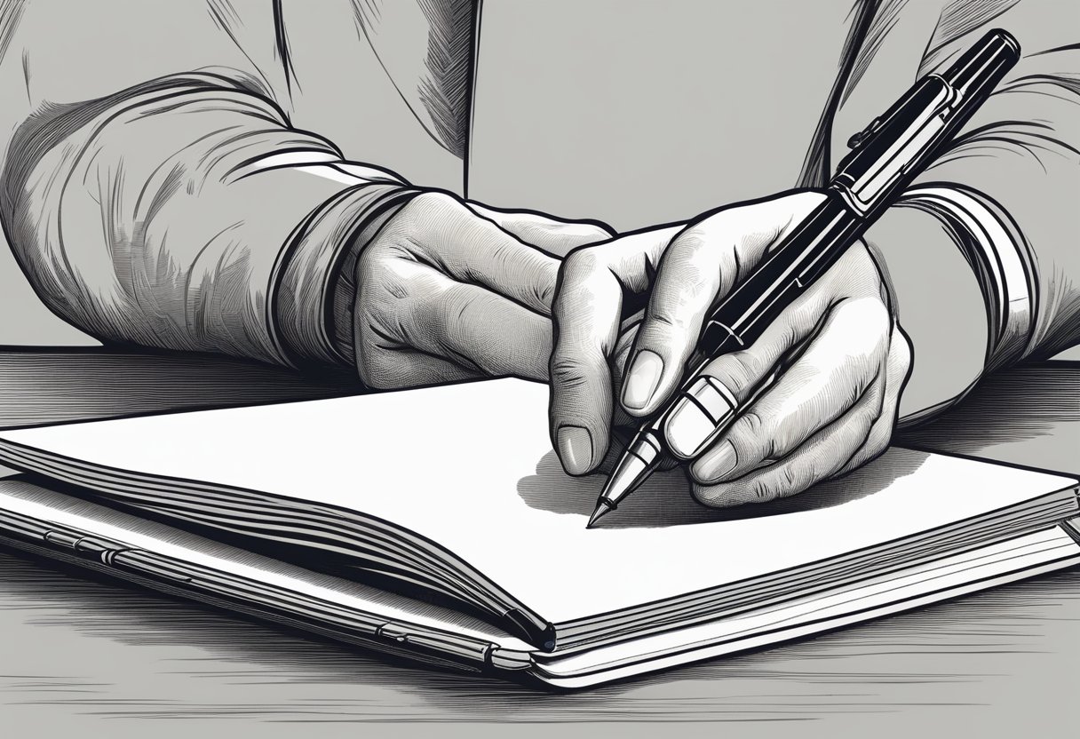A hand holding a pen engraving a detailed design onto a blank notebook cover