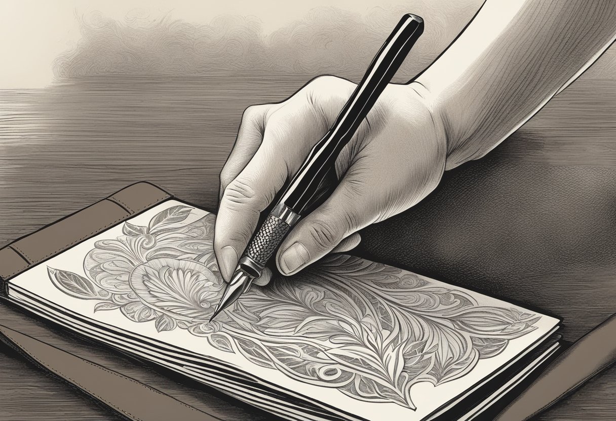 A hand holding a wood engraving tool, etching intricate designs onto a leather-bound notebook