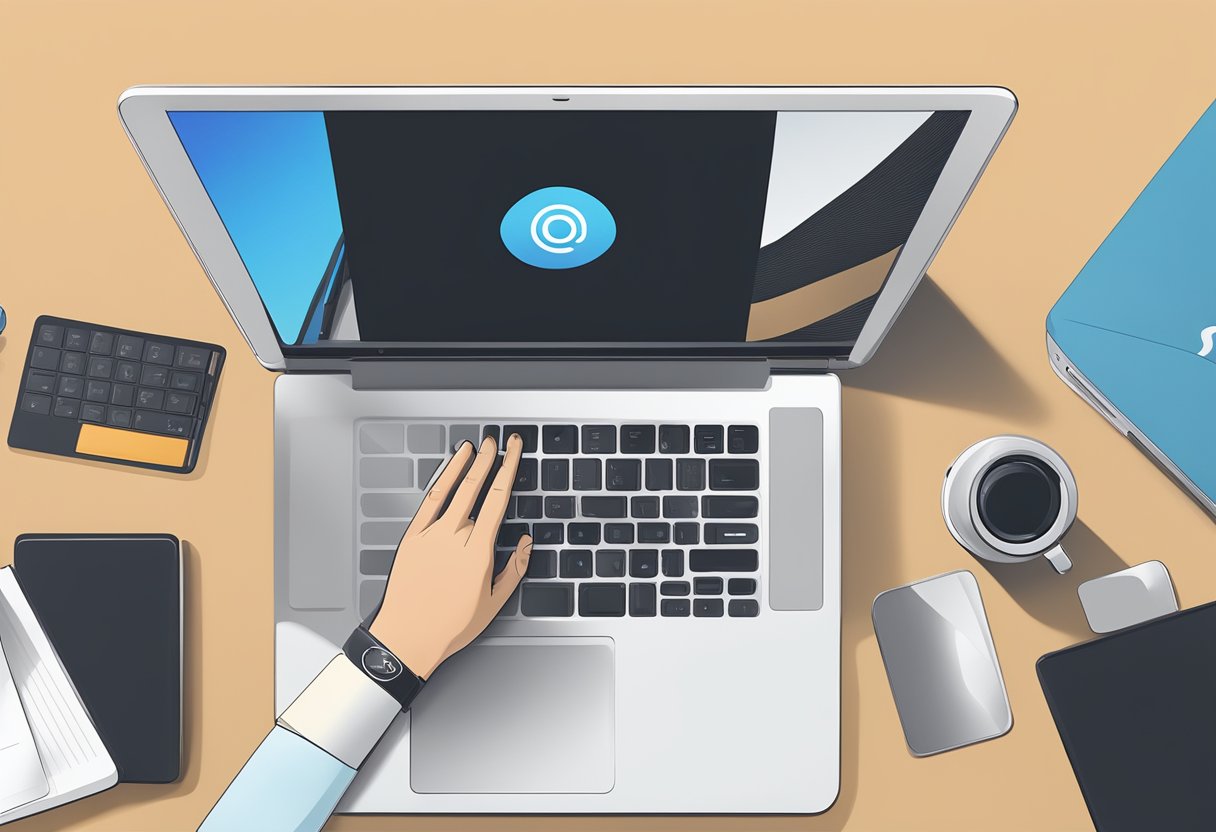 A hand reaching for a sleek, branded webcam cover on a desk with a laptop and corporate logo in the background