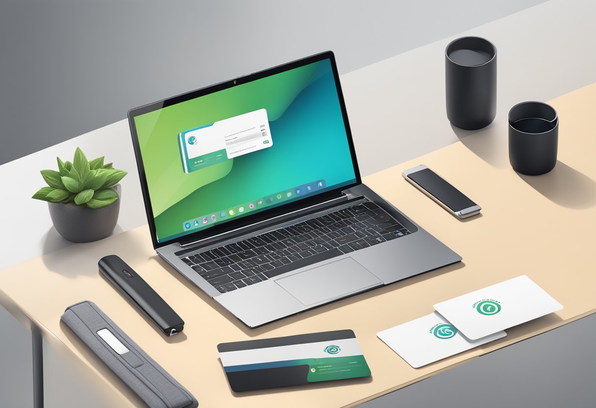 A laptop with a sleek webcam cover, branded with a company logo, sitting on a desk next to a stack of business cards and a modern pen