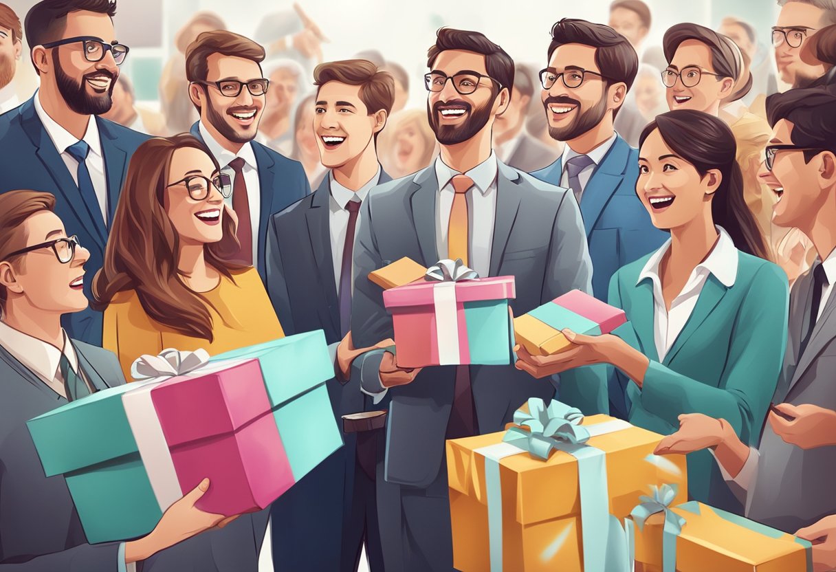 A group of corporate professionals eagerly receiving gift packages labeled "Frequently Asked Questions" with a sense of excitement and curiosity