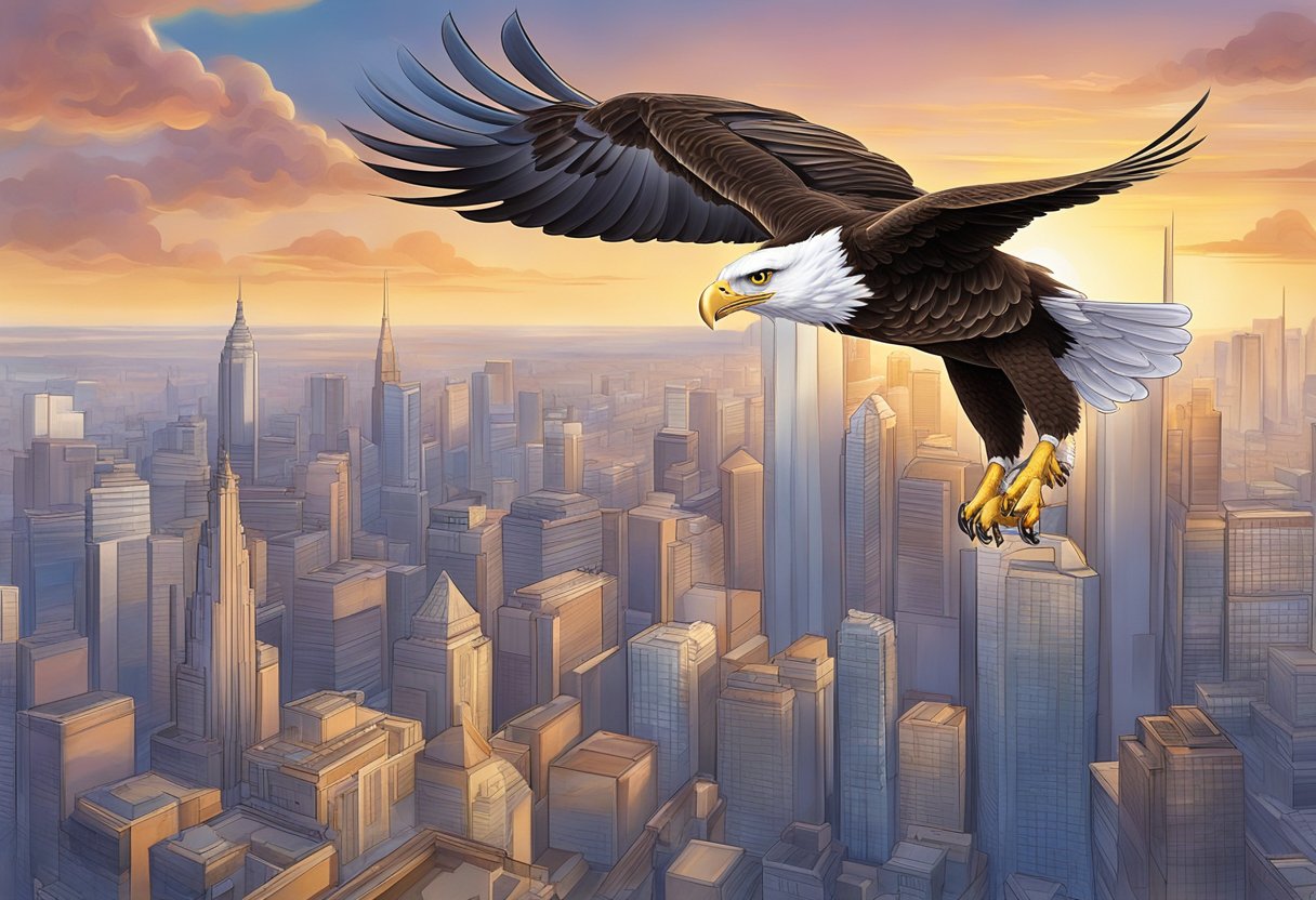 A majestic eagle soars above a corporate skyline, carrying a gift in its talons, symbolizing the philosophy and benefits of corporate gifting