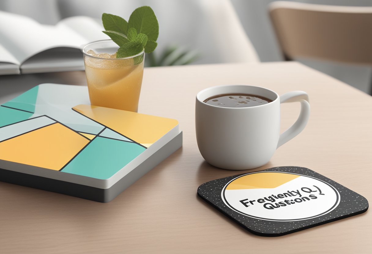 A customised coaster with "Frequently Asked Questions" text and decorative border, set on a table with a drink nearby