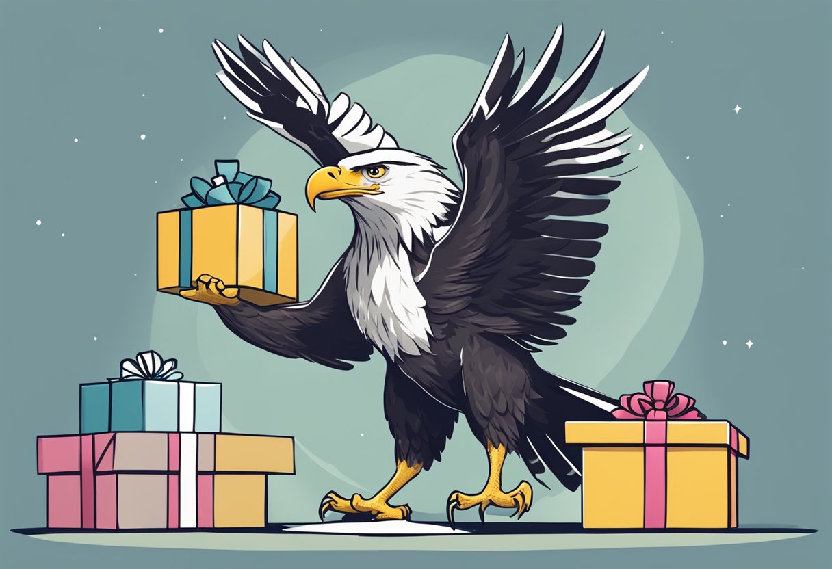An eagle with outstretched wings holds a gift box in its talons, surrounded by a halo of frequently asked questions