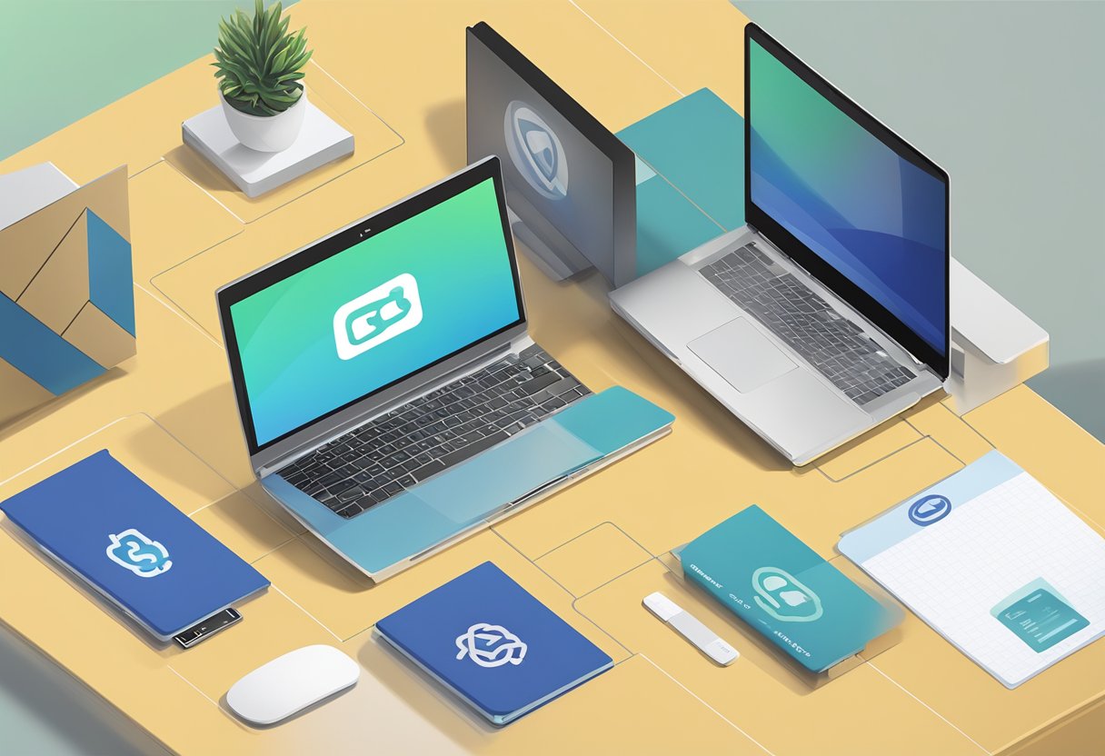 A webcam cover with "Frequently Asked Questions" logo is being attached to a laptop. A corporate gift box is placed next to it