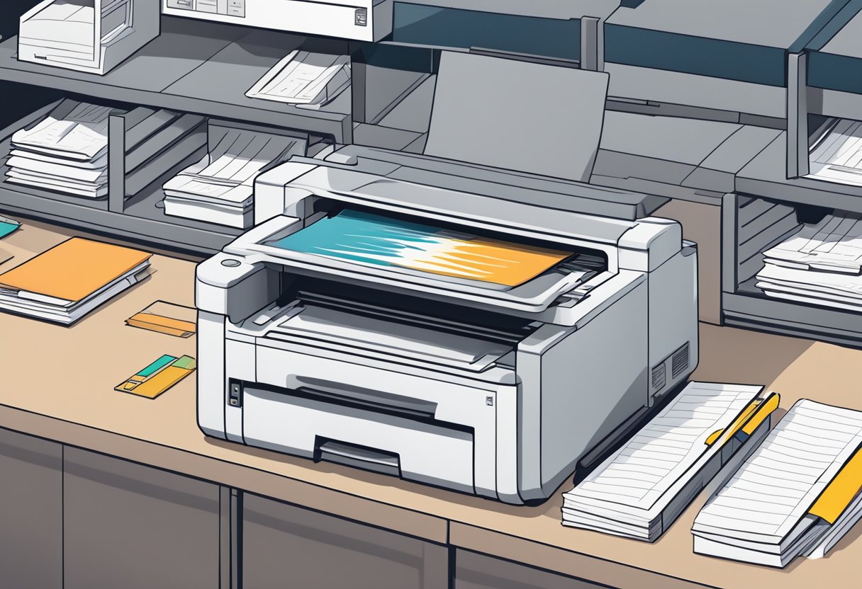 A printer ejects a freshly printed notebook from its tray, with pages neatly stacked and cover design visible