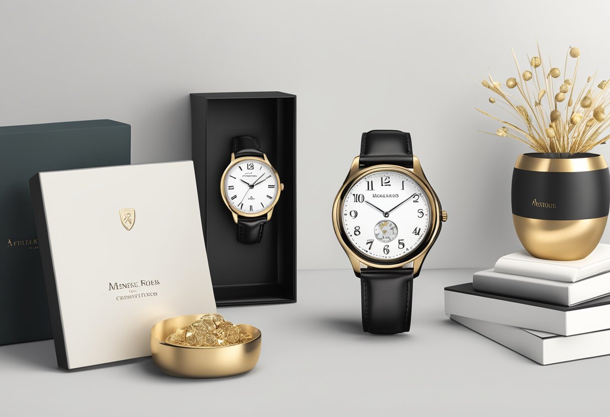 A sleek, personalized watch displayed in a luxurious gift box, surrounded by elegant office decor and a plaque with the recipient's name