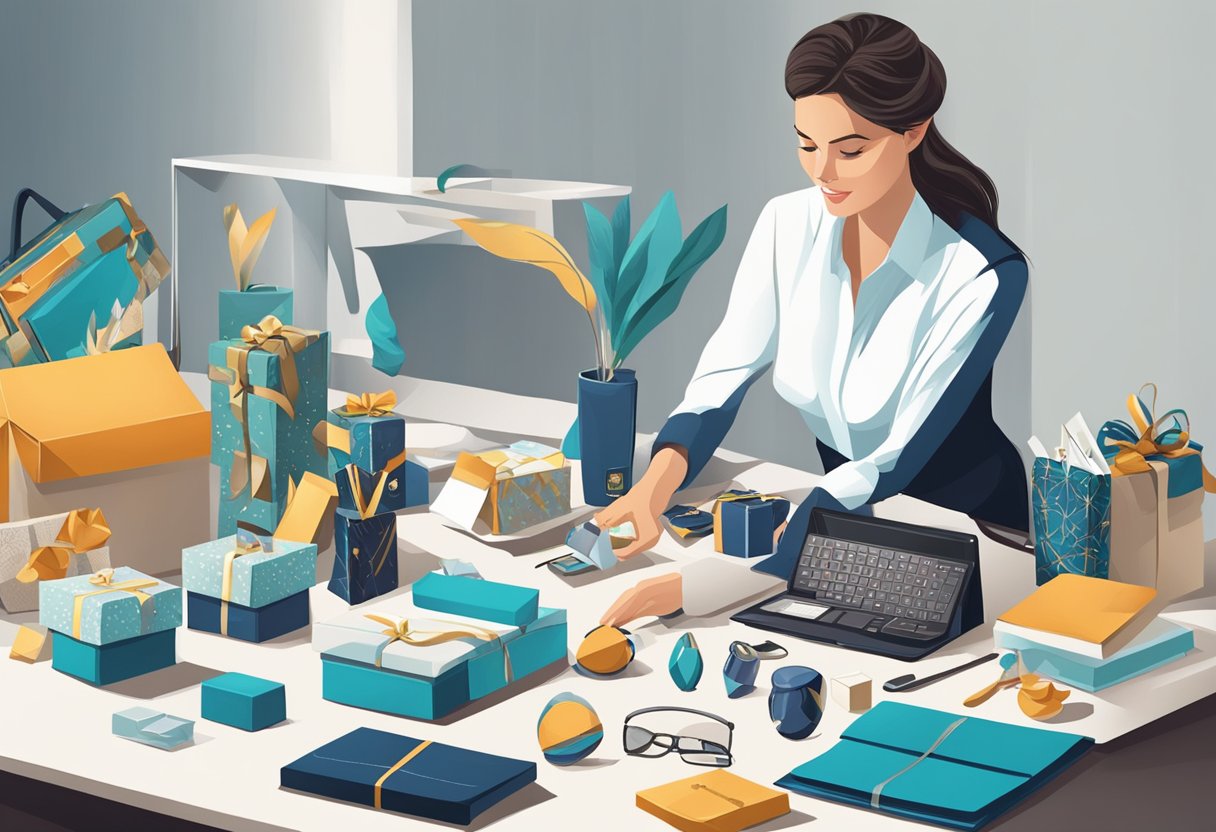 A table with various corporate gifts displayed, including branded items and luxury products. A professional selecting gifts with a thoughtful expression