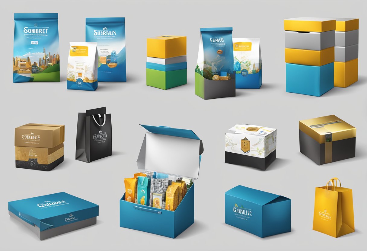 A table displaying various customisable corporate gifts with logo options and packaging choices