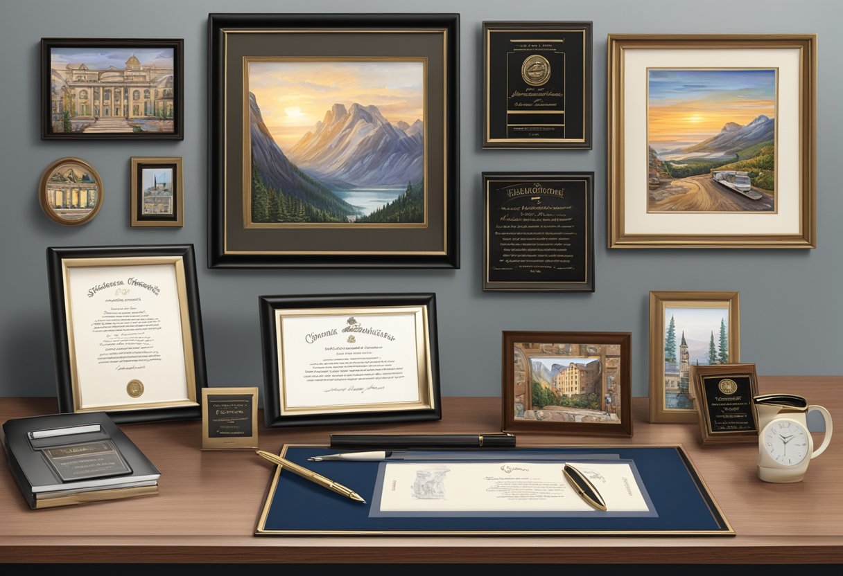A desk with a personalized plaque, a luxurious pen set, and a framed photo collage of memorable work moments