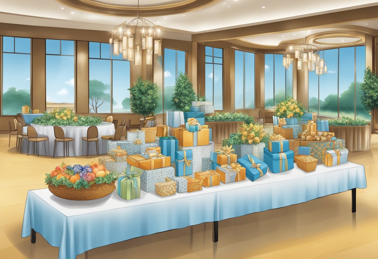 A table displays a variety of corporate gifts, including branded merchandise and elegant gift baskets, with a backdrop of a professional event setting