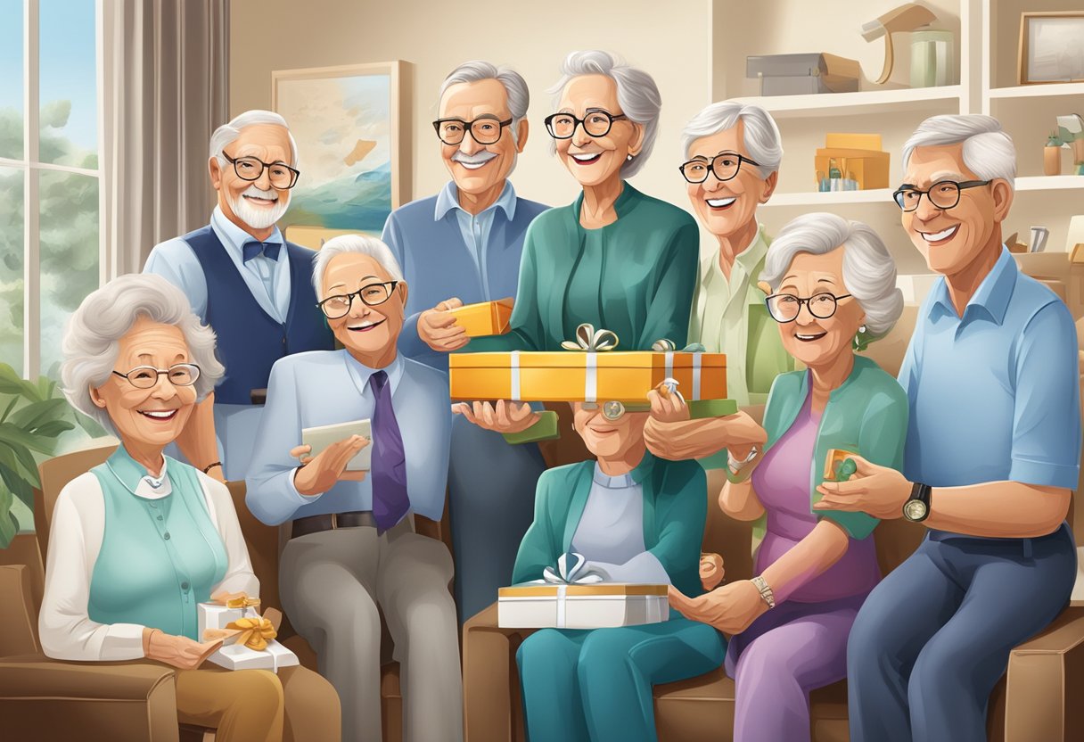 A group of retirees from various professions receiving personalized gifts in a corporate setting. The gifts range from traditional watches and plaques to more modern tech gadgets and travel vouchers