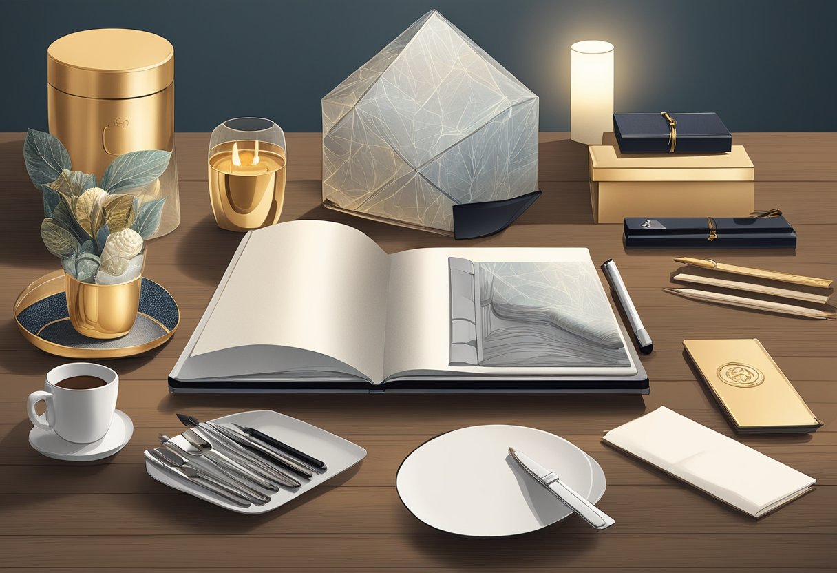 A hand reaches for a sleek, customisable corporate gift among a selection of high-quality items. The gifts are displayed on a polished wooden table with soft lighting highlighting their luxurious appearance