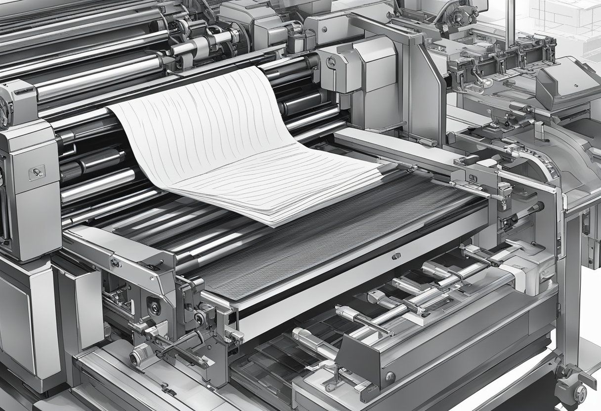 A notebook printing machine in action, producing "Frequently Asked Questions" notebooks, with paper feeding through and ink being applied to the pages