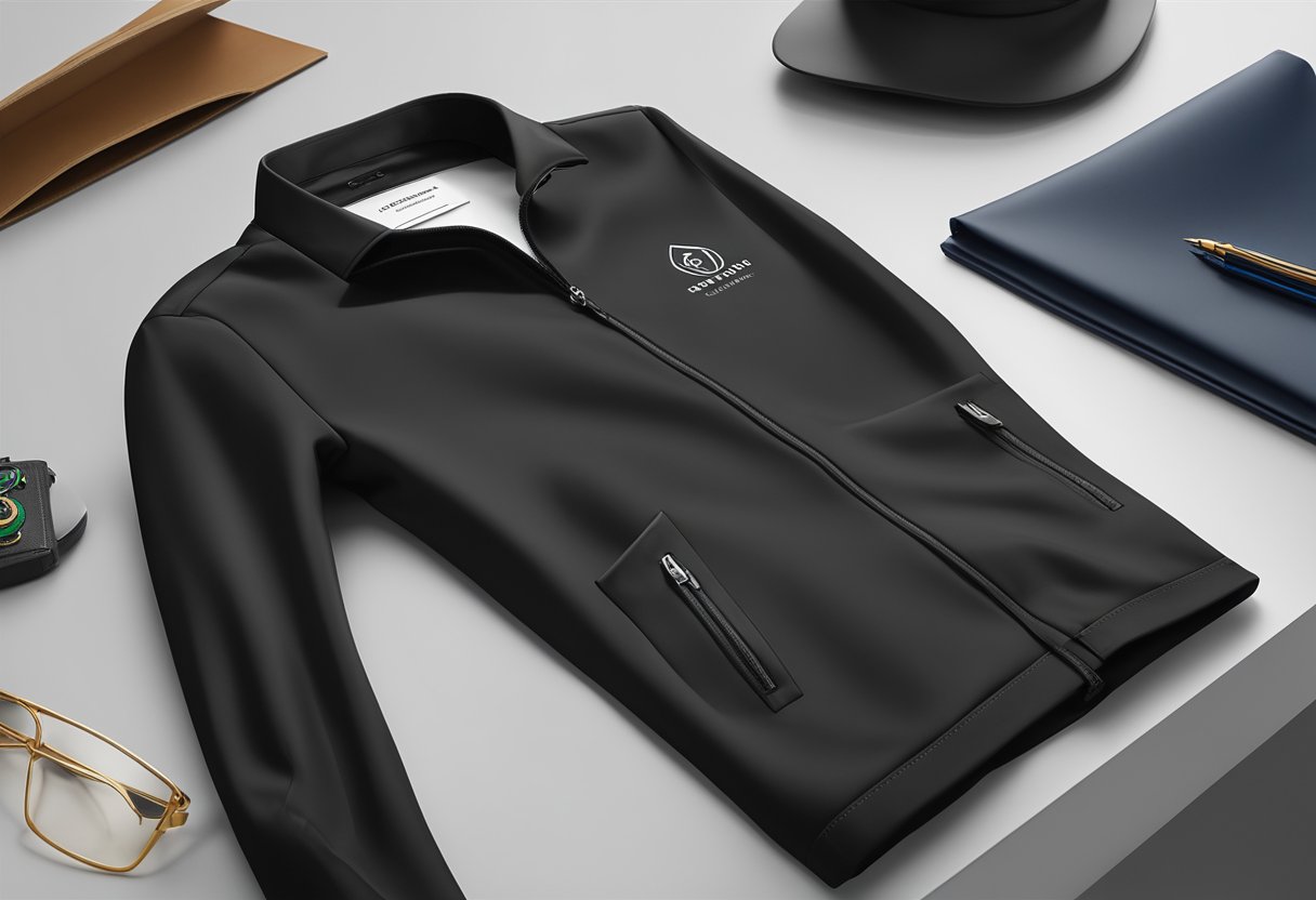 A sleek black corporate gift jacket displayed on a clean, white table with a company logo embossed on the chest pocket