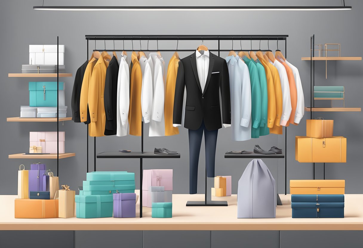 A hand reaches for a sleek, black corporate gift jacket on a display stand, surrounded by other stylish options