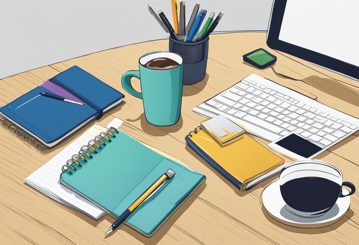 A table with various customisable corporate gifts, such as mugs, notebooks, and pens, displayed neatly with a "Frequently Asked Questions" sign nearby
