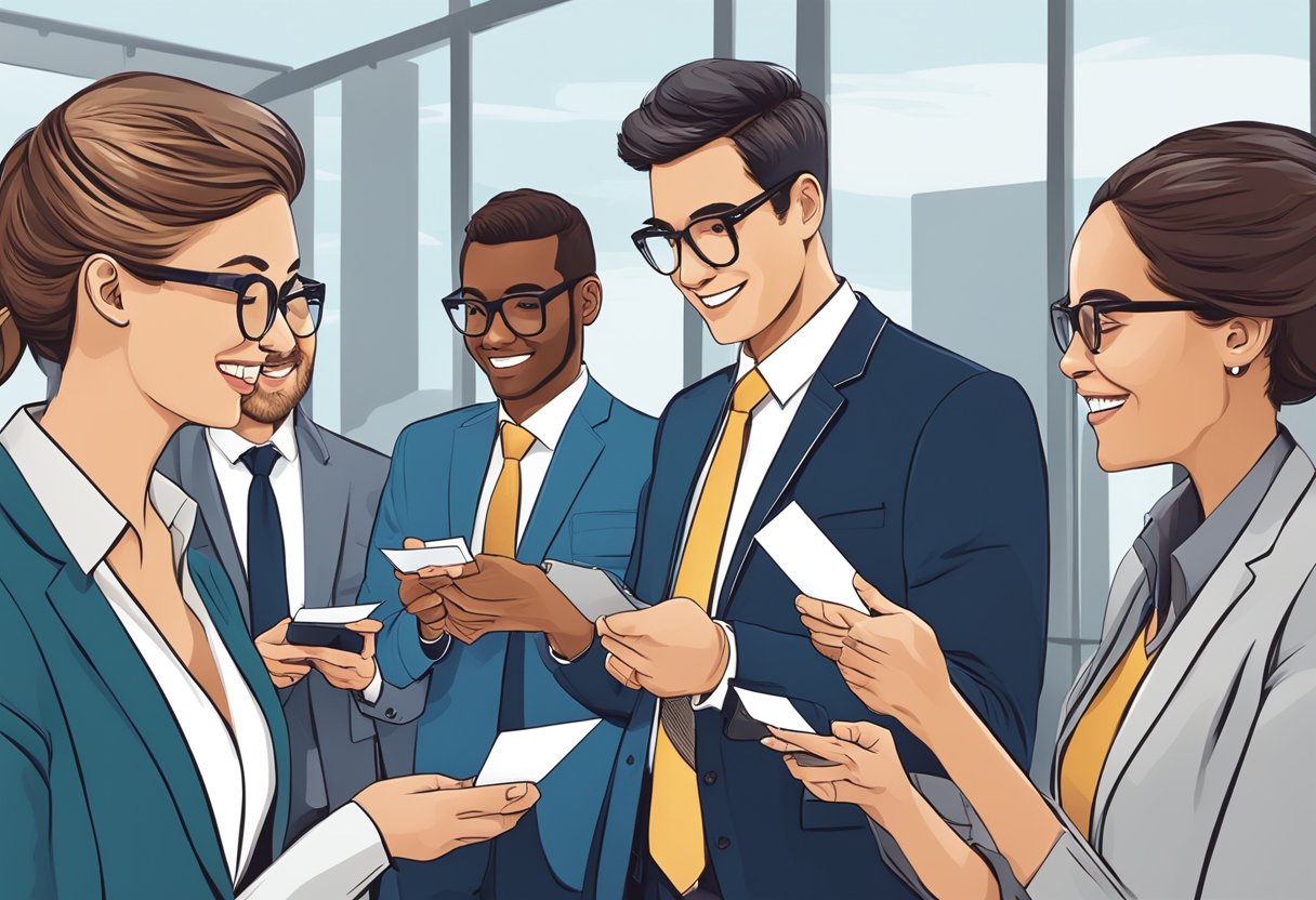 A group of professionals wearing corporate jackets engage in conversation, exchanging business cards and sharing contact information