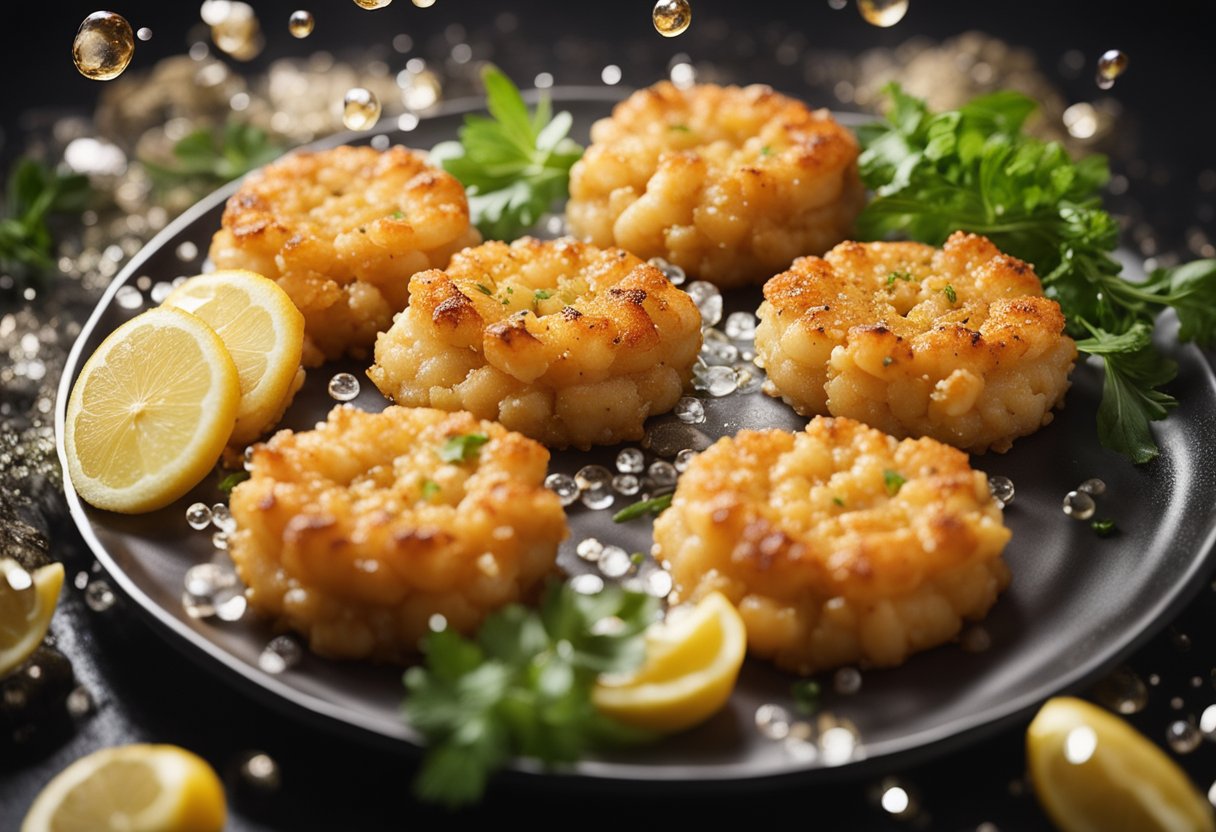 Golden prawn fritters sizzle in hot oil, surrounded by bubbling bubbles. A sprinkle of herbs adds a pop of color to the crispy, savory snacks