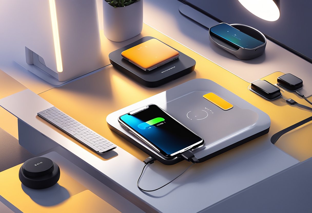 A wireless charger sits on a sleek desk, surrounded by modern gadgets. The charger's LED light glows as it wirelessly powers up a nearby device