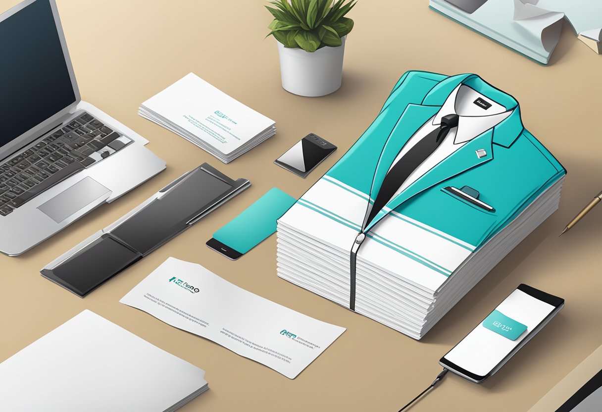 A corporate gift jacket displayed with a stack of FAQ cards and a sleek, modern office desk in the background